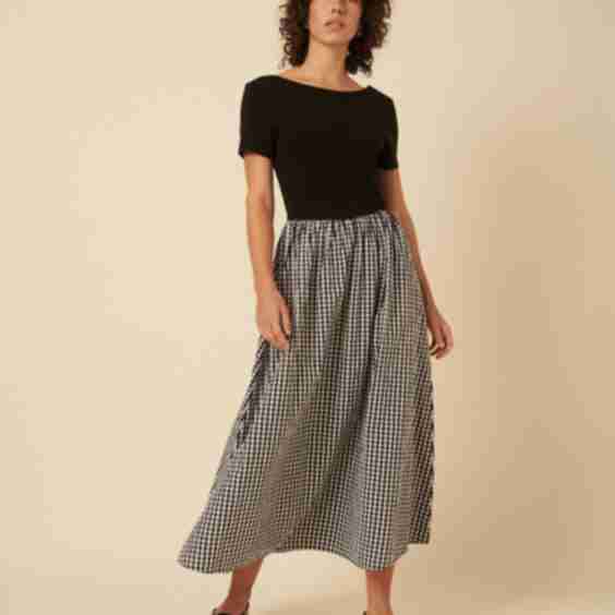Black Gingham Short Sleeve A Line Sarah Midi Dress