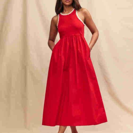 Red Crochet Trim Seattle Midi Skater Dress