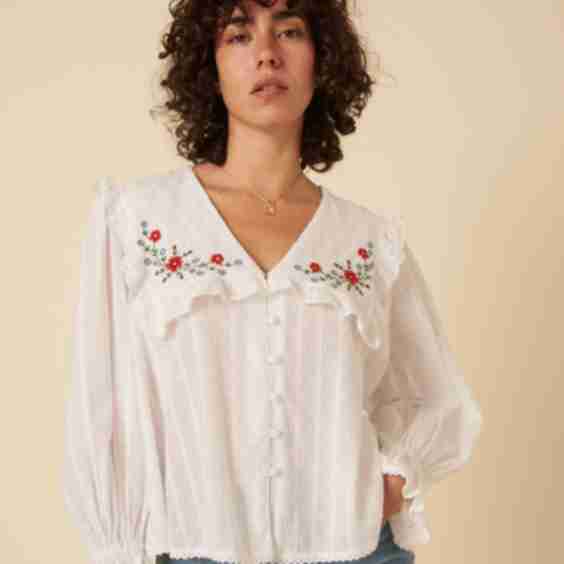 White Floral Embroidered Blouse