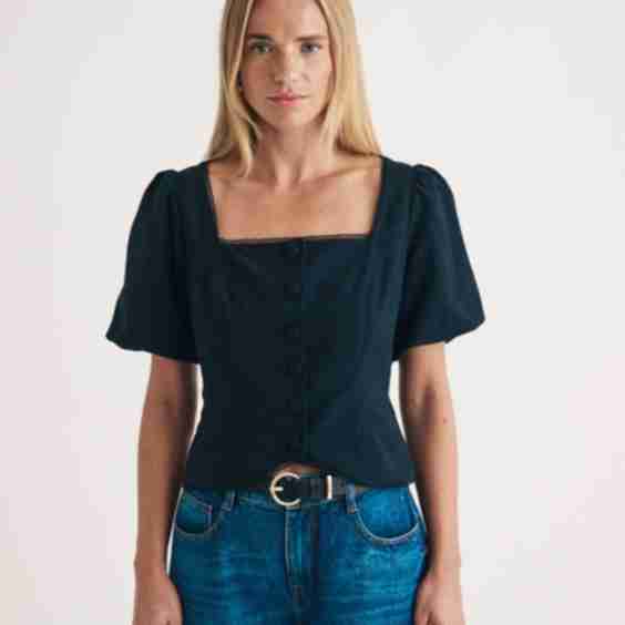 Black Puff Sleeve Button Down Top