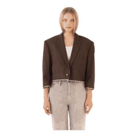 Brown Plaid Reworked Blazer With Cream Piping