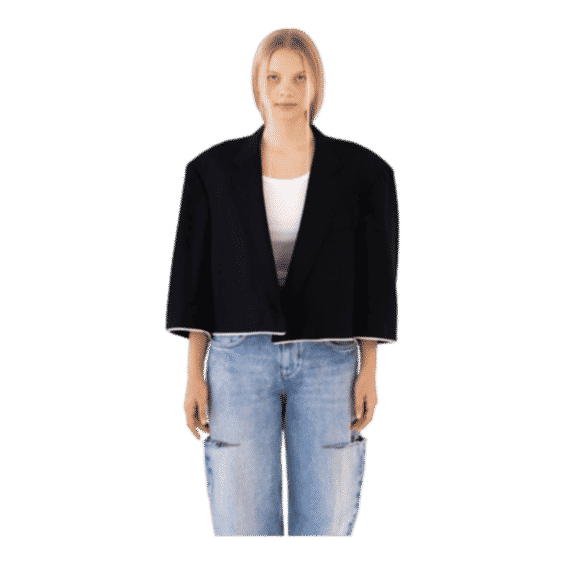 Navy Herringbone Reworked Blazer With Piping Detail