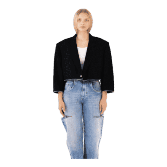 Black Reworked Blazer With Black And White Striped Piping Detail