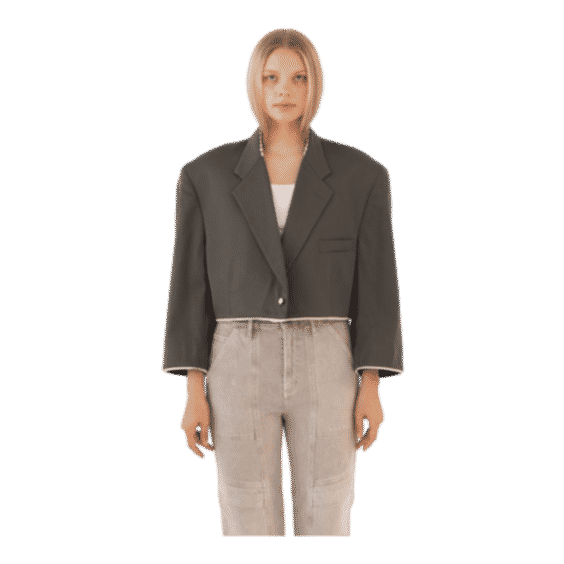 Olive Green Reworked Blazer With Cream Piping Detail