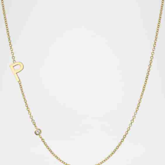 14k Gold Asymmetrical Initial and Bezel Diamond Necklace