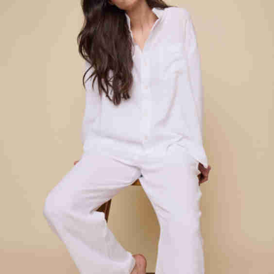 Set - Long Sleeve Shirt & Lounge Pant White Double Gauze
