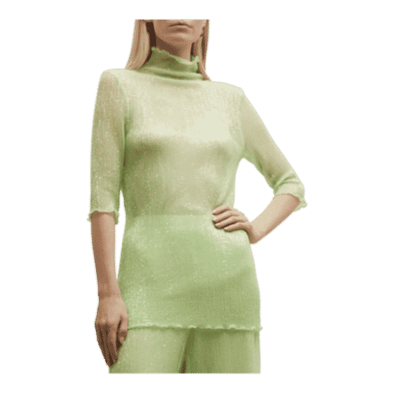 Funnel-Neck Short-Sleeve Pleated Sequin Mesh Top
