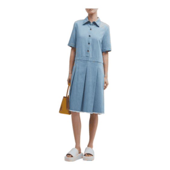 Short-Sleeve Pleated Denim Midi Dress