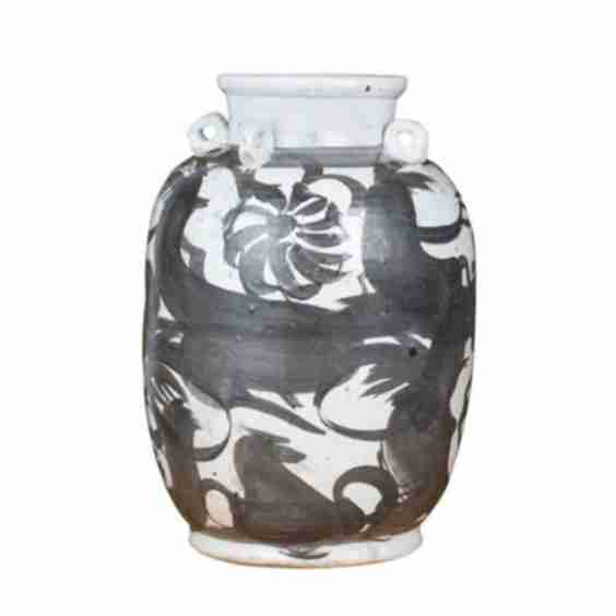 16" Four Loop Handle Jar Twisted Flower Motif Black