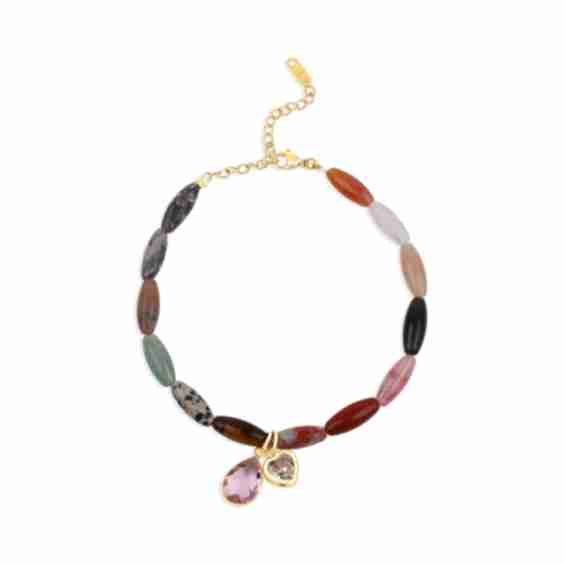 Rainbow Navette Stone Anklet With Gem Charms