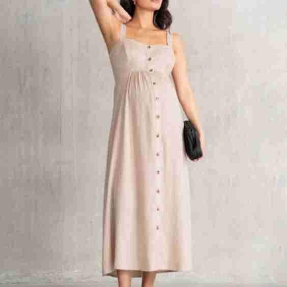 Linen Blend Button Front Midi Dress