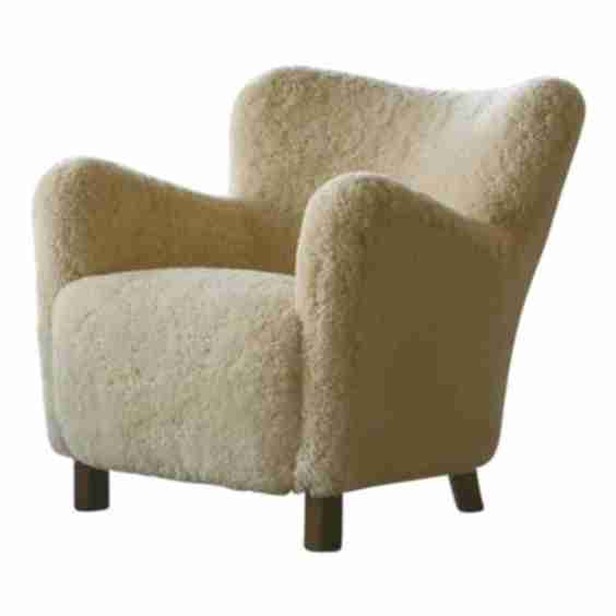 Custom Made 1940's Style Lounge Chair Upholstered in Beige Sheepskin Shearling