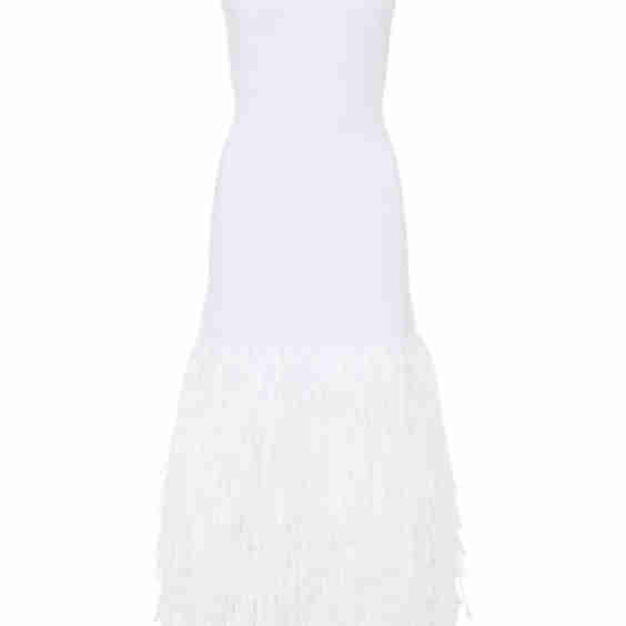 Rushes Raffia-Trimmed Knit Midi Dress