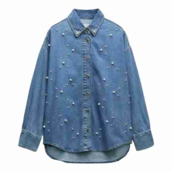 Cropped Pearl Denim Shirt