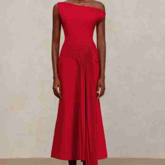 Jillian Oblique Shoulder Sleeveless Folds Midi Dress