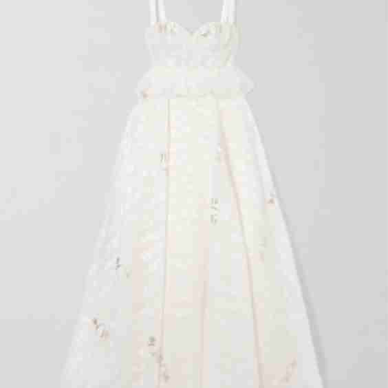 Ruffled Organza-Trimmed Metallic Floral-Jacquard Gown