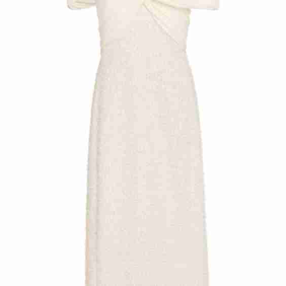 Off The Shoulder Sequin Bouclé Tweed Midi Dress