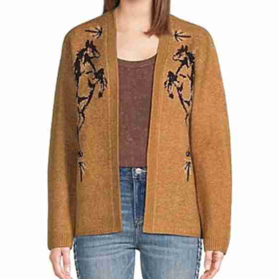 Sweater Knit Jacquard Horse Open Front Long Sleeve Cardigan