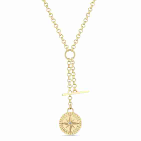 14k Small Compass Medallion & Toggle Medium Rolo Chain 