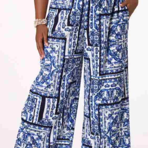 Plus Size Textured Blue Floral Pants