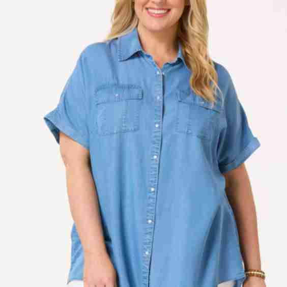 Plus Size Solid Chambray Button Down Top