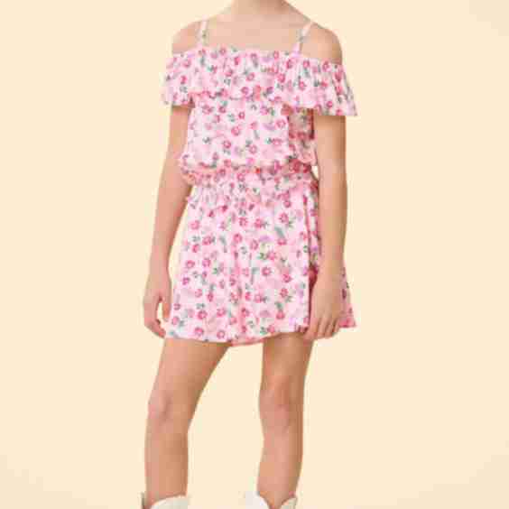 Girls Pink Floral Ruffle Skort