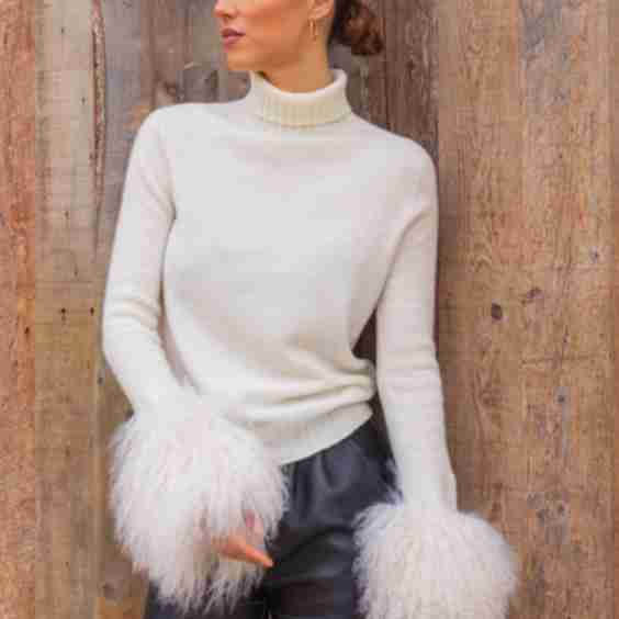 Hibernate Removable Mongolian Wool Cuff Turtleneck Sweater 