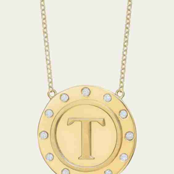 14K Gold Initial Token Necklace With Diamonds