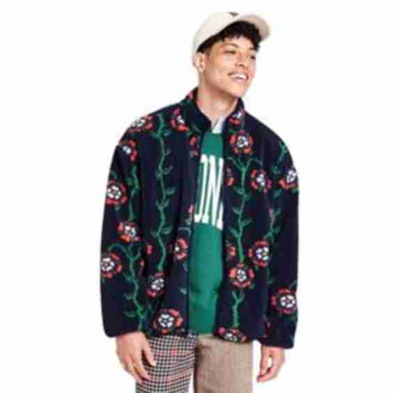Rose Print Fleece Zip Up Jacket