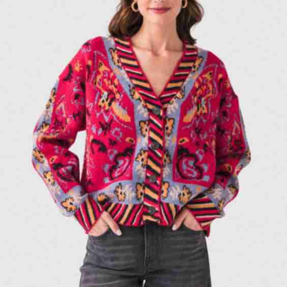 Printed Contrast Trim Cardigan