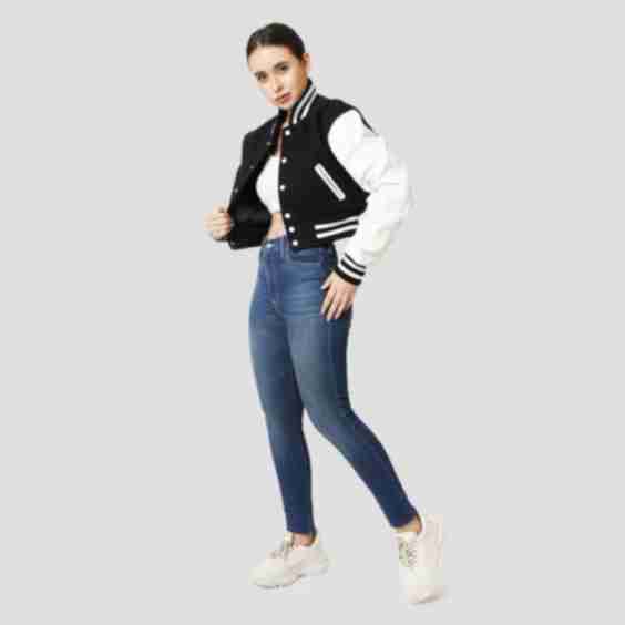 Black Wool Bright White Leather Letterman Crop Top Jacket