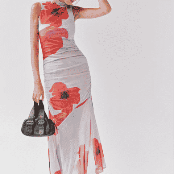 Red Floral Mesh Maxi Dress