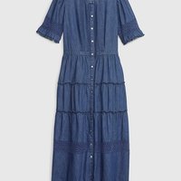 gap denim tiered midi dress Women's Denim Drop-Waist Corset Midi Dress by Gap Dark Wash Tall Size XL