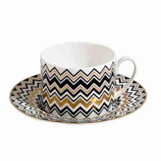 Tea Cup & Saucer ZIG ZAG Set of 2 in Luxury Box Gold diam
