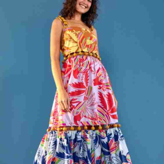 Mixed Color Birds Dress With Tassels