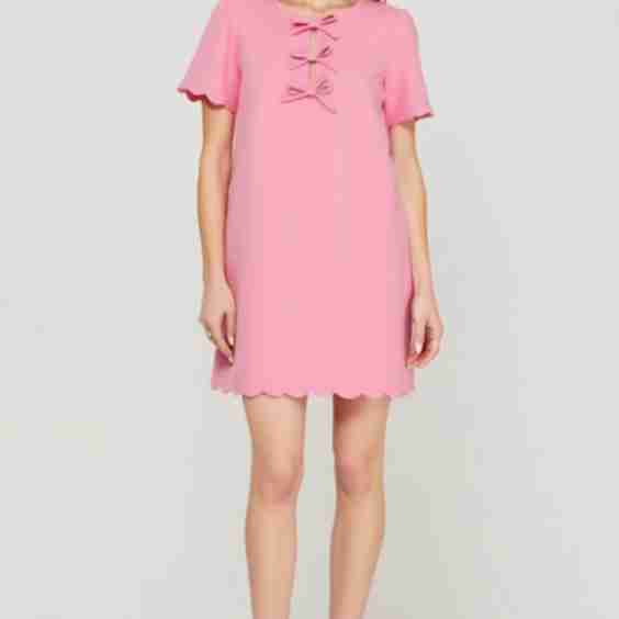 Scallop Hem Shift Dress with Front Bow Tie Detail and Keyhole Neckline