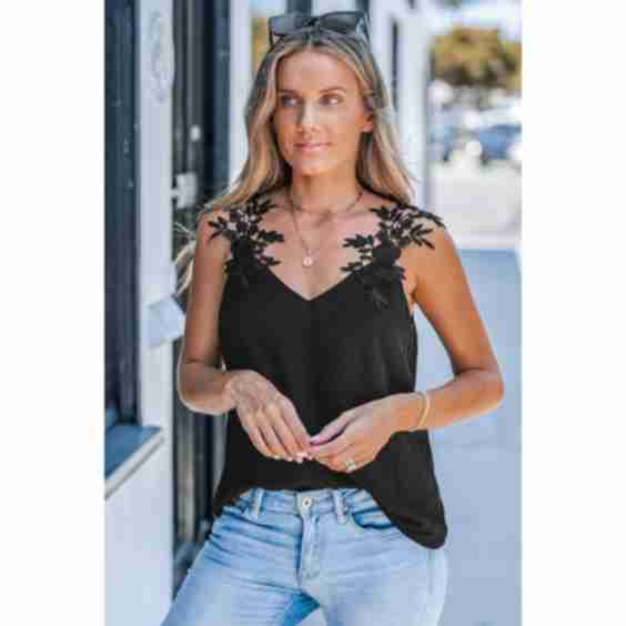 Black V-Neck Floral Strap Top