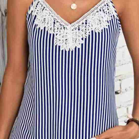 Blue & White Stripe Lace Trim V-Neck Cami