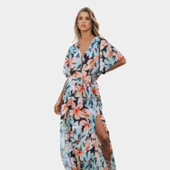 Tropical Floral V Neck Maxi Dress