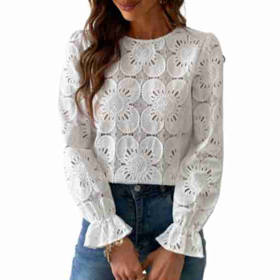 Eyelet Long Sleeve Tops Shirt