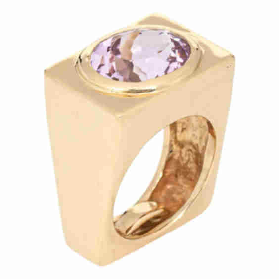 1970 S Kunzite Square Ring 14 K Yellow Gold Fine Jewelry