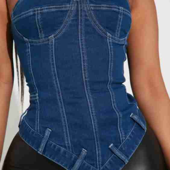 Tensions High Asymmetrical Denim Corset Top