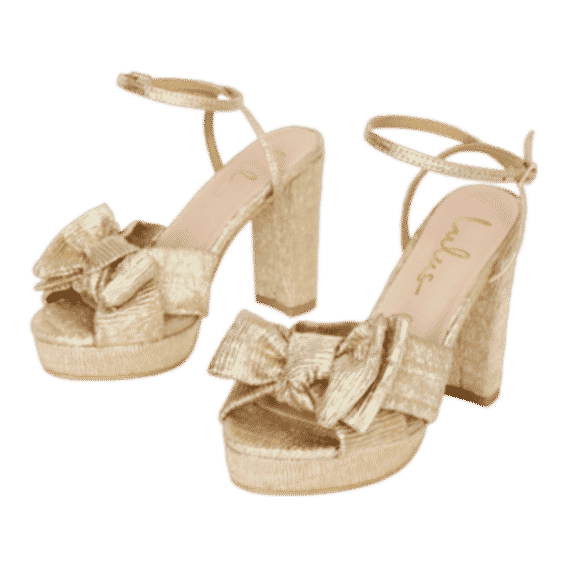 Lilsa Gold Metallic Bow Platform Ankle Strap Heels