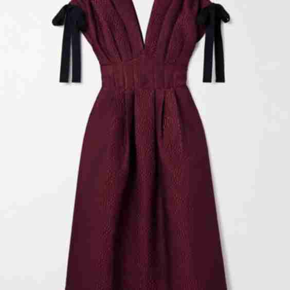 Fayetta Bow Detailed Pleated Cloque Midi Dress