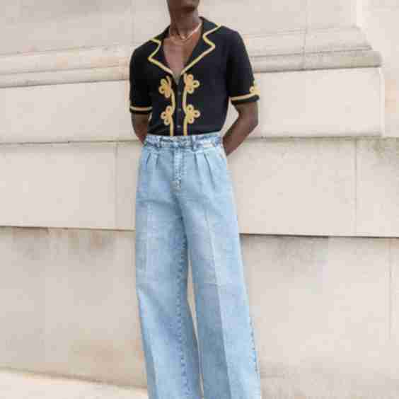 Pleated Buckle Wide Leg Flare Jean