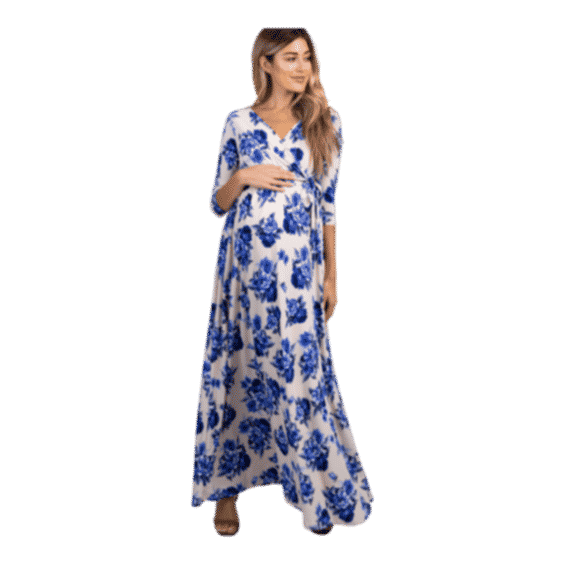 Blue Floral Sash Tie Maternity/Nursing Maxi Dress
