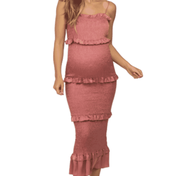 Satin Smocked Fitted Maternity Midi Dress