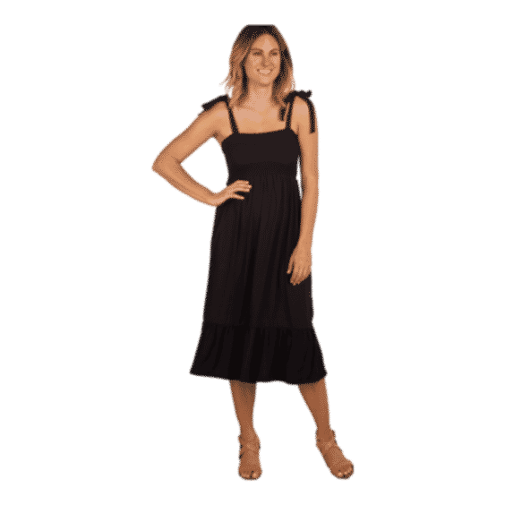 Black Solid Self-Tie Smocked Midi Dress
