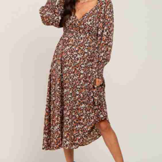 Brown Floral Maternity Midi Dress