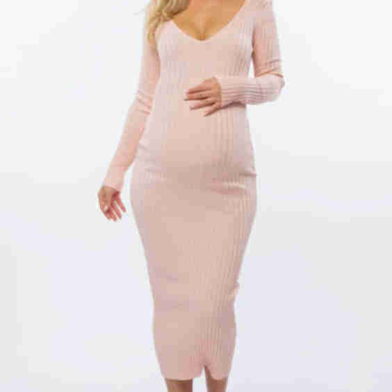  V-Neck Long Sleeve Fitted Maternity Maxi Dress